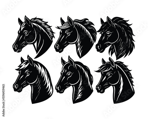 Six black horse heads in profile isolated on white background