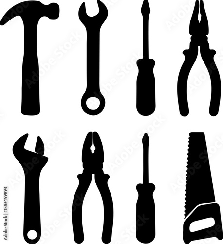 Set of icons building hand tools,Collection of home repair tools, workman's toolkit. Hammer, screwdriver, saw, pliers and others. Tools silhouettes isolated on white background. vector illustration