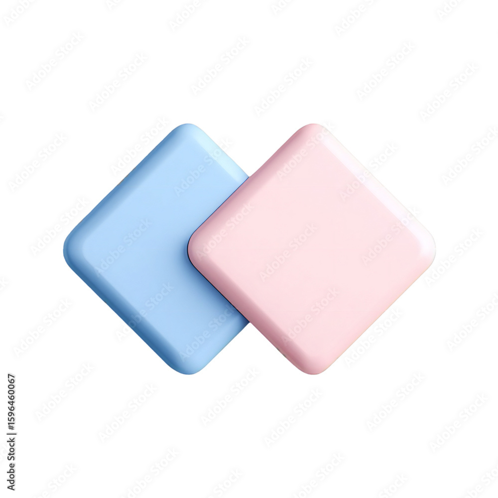 Two interlocking pastel squares in blue and pink, isolated closely together on transparent background Two interlocking pastel squares in blue and pink, isolated closely together on transparent background