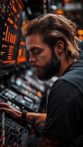 Young man with a beard, focused on operating complex control panel in a high-tech environment, surrounded by glowing screens and intricate machinery, showcasing modern technology and expertise