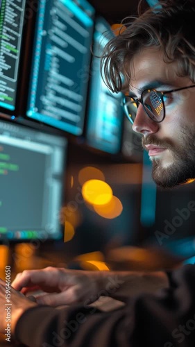 Young man with glasses focused on computer screens, illuminated by soft bokeh lights, showcasing concentration and dedication in a modern tech environment