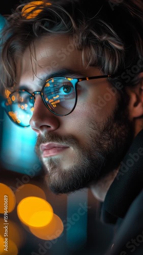Young man with curly hair and glasses gazes thoughtfully at the camera, illuminated by warm bokeh lights in a modern urban environment, capturing a moment of introspection