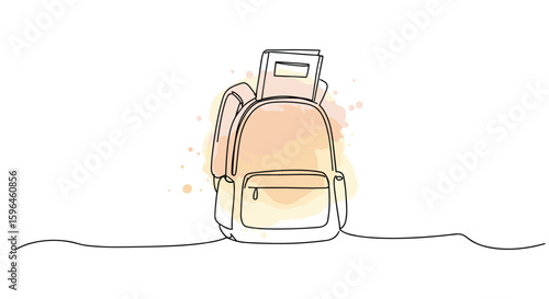 Modern illustration school backpack with books — back to school — one line doodle drawing with watercolor fill, minimalistic vector on white background