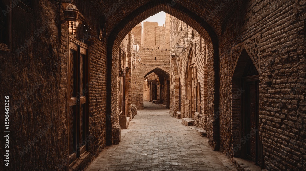 Fototapeta premium Ancient Stone City Alleyway: Brown Brick Walls and Archways