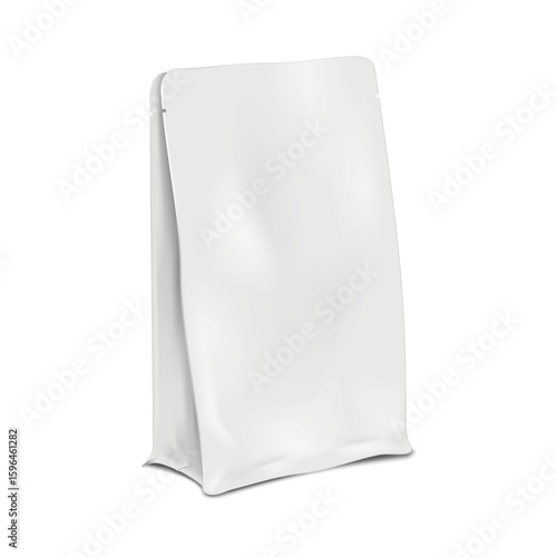 Blank white flat bottom plastic bag with tear notches. Realistic vector mockup. Easy open stand-up pouch package. 3d mock-up. Side gusseted packet packaging. Template for design