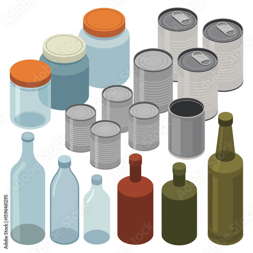 Collection of glass bottles and metal cans