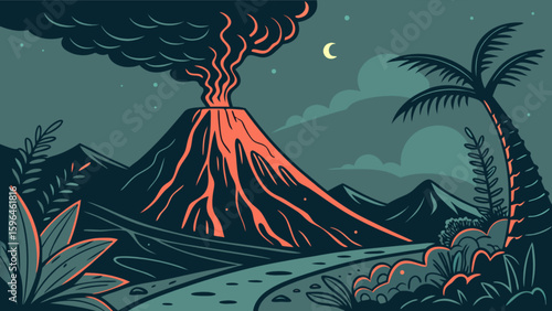 Volcano eruption landscape illustration with palm tree and moon in the night nature scenery view