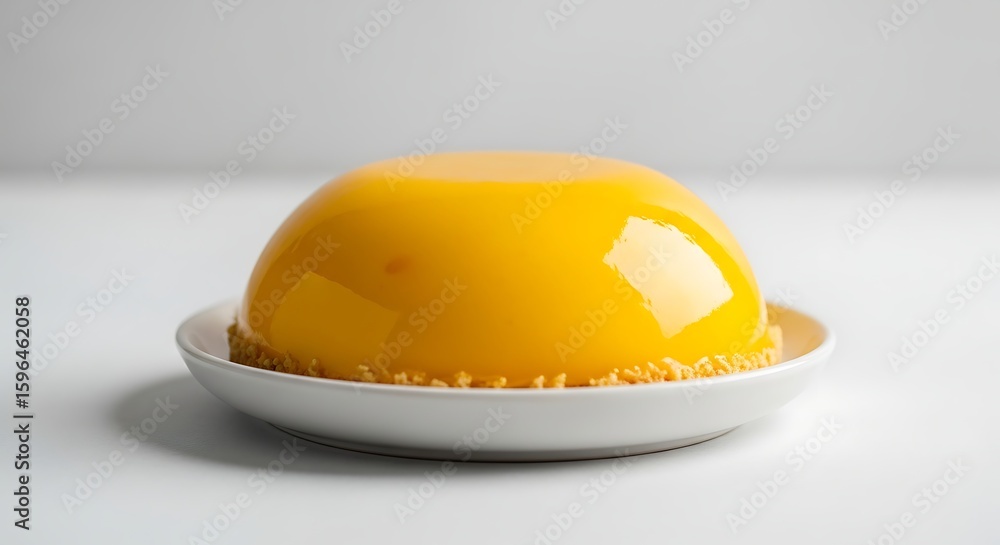 Fototapeta premium A glossy, yellow dome-shaped dessert sits on a small, white plate, showcasing a smooth texture.