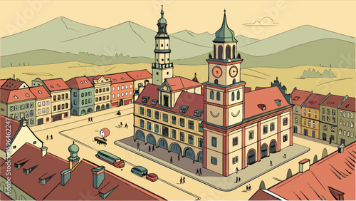 Wallpaper Mural Illustration of european city town square with buildings clock tower and mountains in the background art Torontodigital.ca