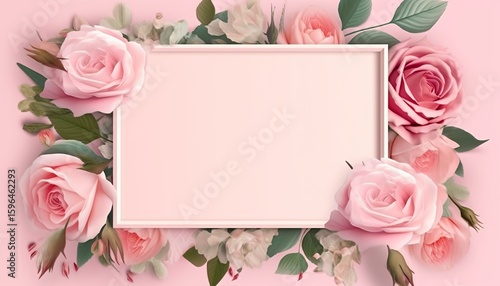 Template for invitation, greeting card, decorated with pink flowers of roses and rectangular frame