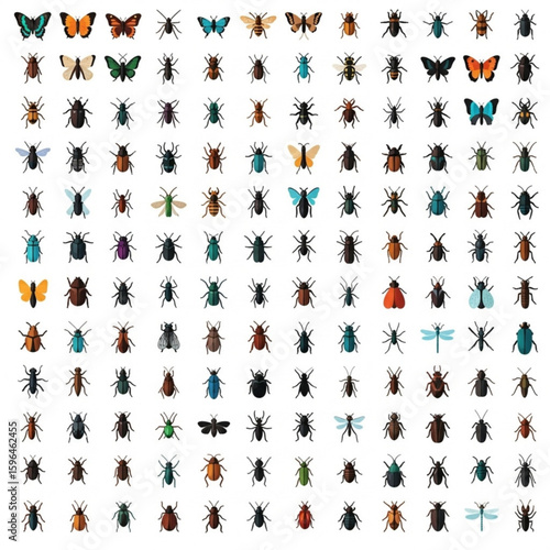 Grid of 144 insect icons arranged in 12 rows and 12 columns featuring various species like butterflies, beetles, ants, dragonflies, and more
