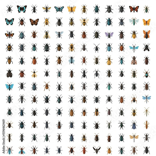 Grid of 144 insect icons arranged in 12 rows and 12 columns featuring various species like butterflies, beetles, ants, dragonflies, and more
