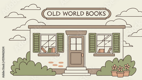 Vintage old world books store front illustration with clouds and flower pots drawing for book lovers art