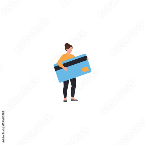 Happy young woman confidently holds a giant credit card, symbolizing convenient online payment and secure financial transactions.