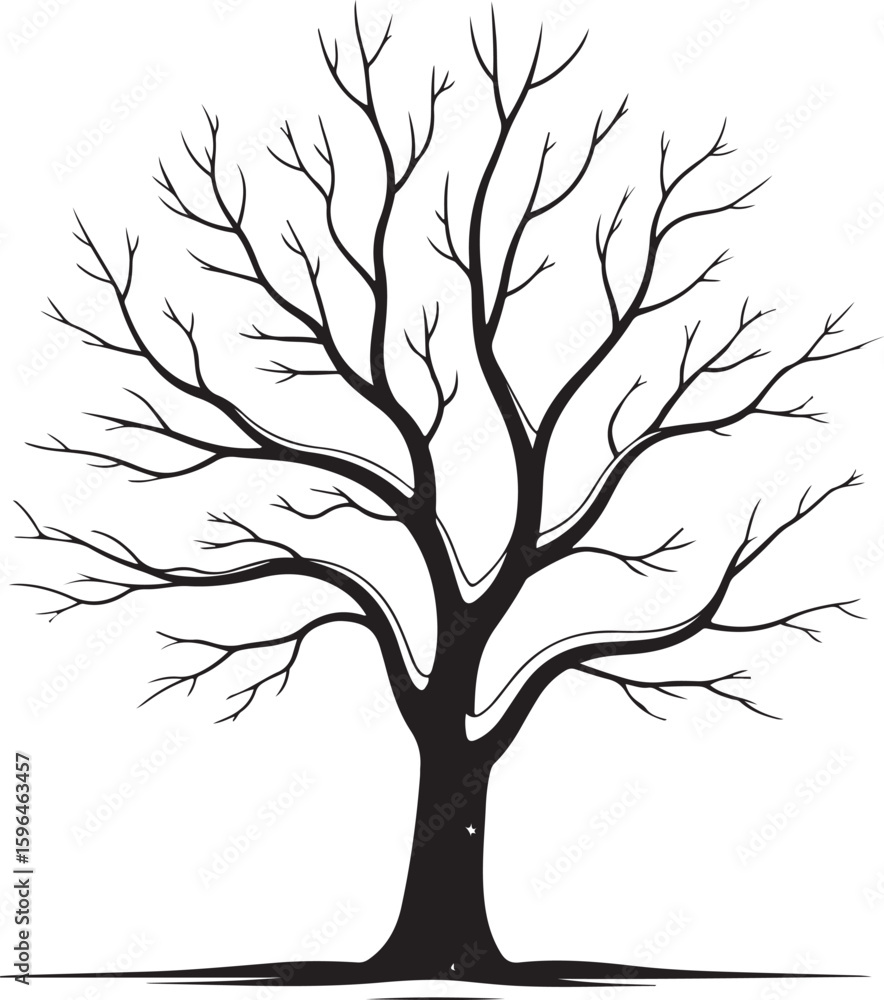 Obraz premium Black bare tree silhouette with intricate branches white
