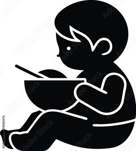 A baby sits while eating from a bowl with a spoon