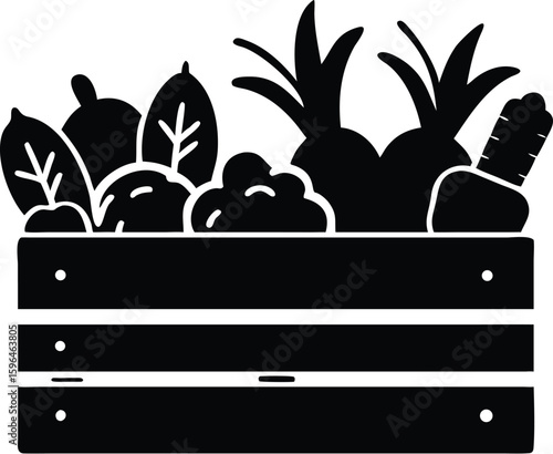 A black silhouette of vegetables in a wooden crate, isolated on white background