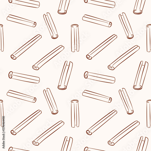 Seamless pattern with hand drawn cinnamon stick in brown line art style. Perfect for spice theme, kitchen wallpaper, packaging, herbal background and organic decorative food design project.