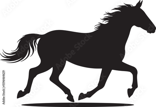 Black silhouette of a galloping horse with flowing mane and tail running