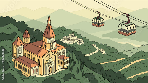 Scenic landscape view of tatev monastery with cable cars in armenia travel destination and beautiful mountains