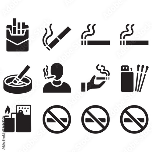 Collection of black and white icons representing smoking and no smoking symbols with cigarettes lighters and ashtrays