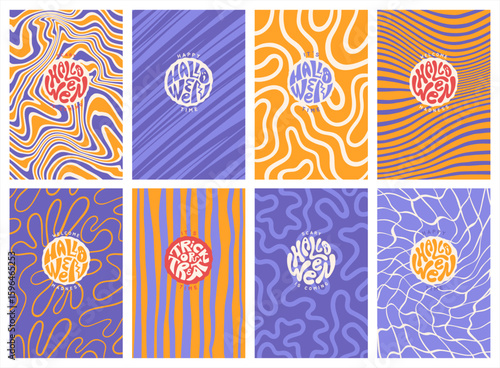 Happy Halloween backgrounds set. Abstract funky groovy psychedelic patterns. Round handwritten hand lettering collection. Twisted hand drawn wavy organic curved uneven doodle winding lines, stripes