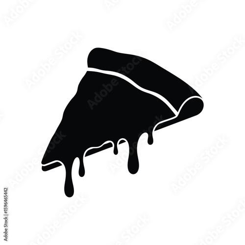 Black silhouette of pizza slice with melted cheese dripping, fast food icon on white background