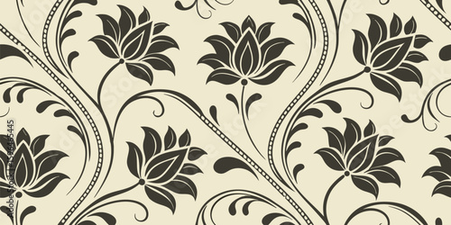 Elegant black lotus floral seamless pattern on beige background for wallpaper or textile design