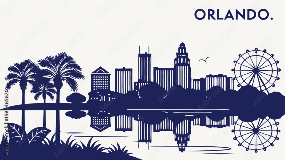 Obraz premium Orlando florida skyline silhouette vector illustration with palm trees and reflection for travel designs