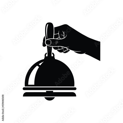 Black silhouette of hand holding service bell, hotel or restaurant reception icon on white background