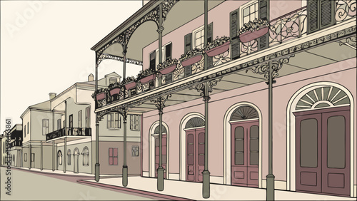 Explore new orleans architecture french quarter building facade with balcony and wrought iron details drawing