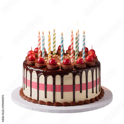 A delicious chocolate drizzled birthday cake adorned with cherries and lit candles