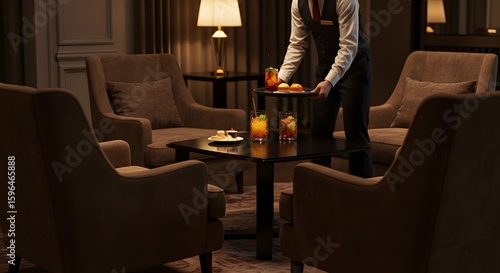 Professional Waiter Serving Refreshments in a Luxurious Hotel Lounge or Upscale Bar Setting