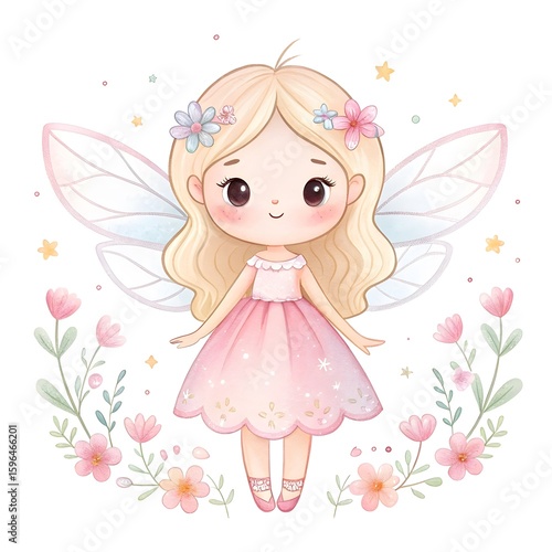 Cute blonde fairy girl in pink dress with delicate wings and flowers