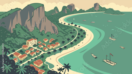 Scenic tropical beach resort vector illustration with palm trees and boats for travel and tourism design