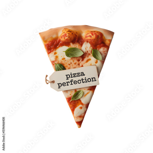 A delicious slice of pizza perfection with a rustic tag on a black background