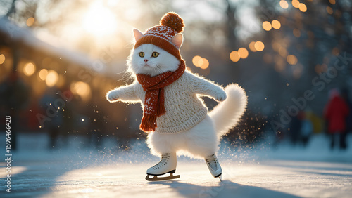 Wallpaper Mural white fluffy cat in sweater and hat with scarf, ice skating on Christmas evening skating rink in winter. Torontodigital.ca