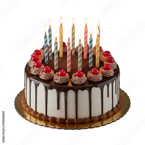 A delicious chocolate drip birthday cake adorned with cherries and lit candles on a black background