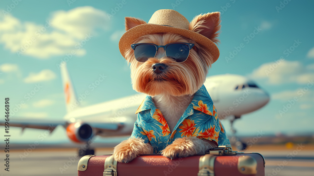 custom made wallpaper toronto digitalYorkshire Terrier in Hawaiian shirt, straw hat and sunglasses stands next to suitcase, against background of airplane, concept of flying on vacation with pet.