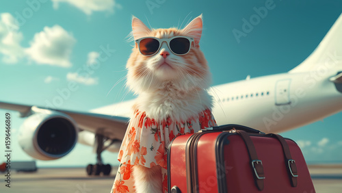 red fluffy cat in a summer dress and sunglasses stands next to a suitcase, against the background of an airplane, the concept of flying on vacation with a pet.