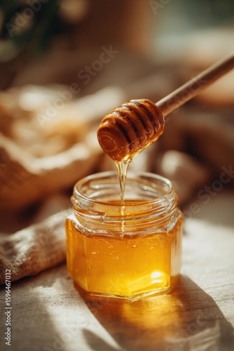 Golden honey slowly dripping from wooden dipper into a small glass jar
