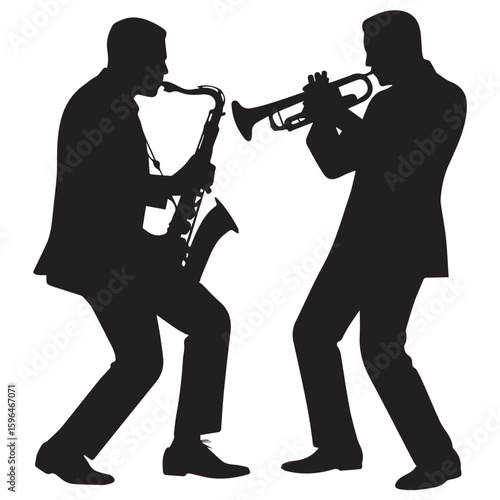 Silhouettes of two musicians playing a saxophone and a trumpet in a dynamic pose against a white background