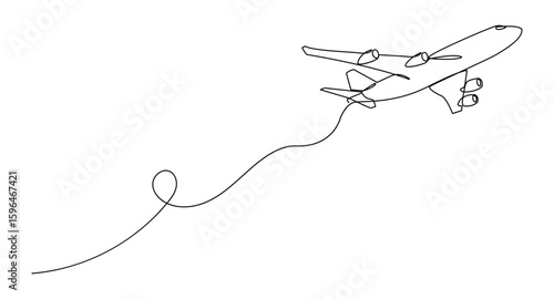 A minimalist continuous line drawing of an airplane, symbolizing travel, freedom, flight, and exploration.
