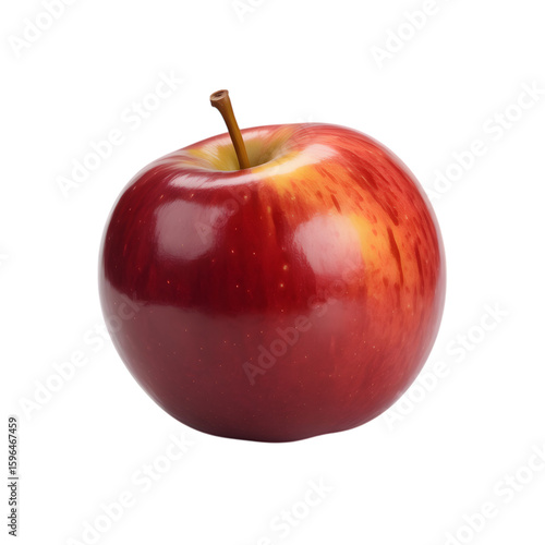 A single ripe red apple with yellow and orange streaks against a stark black background