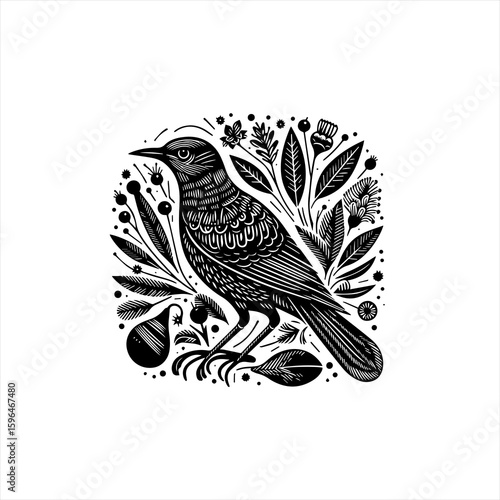 Black and White Bird with Floral Elements.