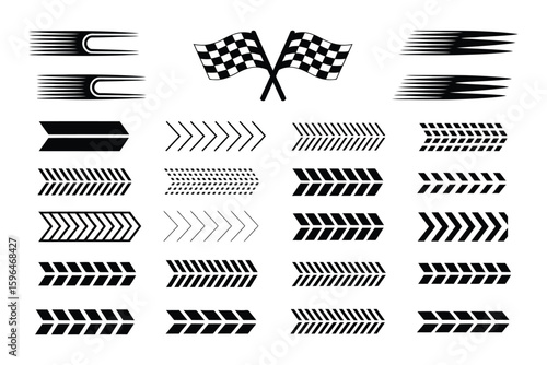 Racing Car Stripe Vector Set with Checkered Flags, Speed Lines, and Motocross Labels for Motorsport Design

