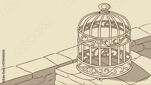 Vintage birdcage illustration with ornate design elements and neutral color palette for decoration needs