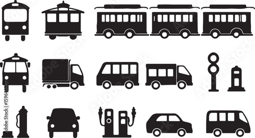 Set of London bus and transport icons with red vintage silhouettes and city travel symbols
