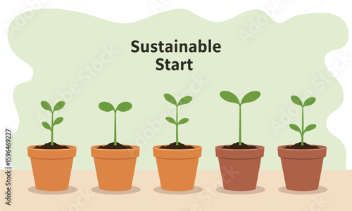 Flat illustration of five sprouting pots, suitable for eco infographics, visual posters, and sustainable learning materials