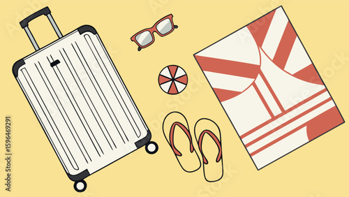 Summer vacation packing essentials: suitcase, sunglasses, beach towel and flip flops for travel planning trip